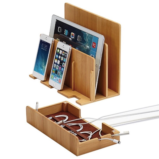 Bamboo Multi Device Charging Station and Cord Organizer for Smartphones, Tablets and Laptops_
